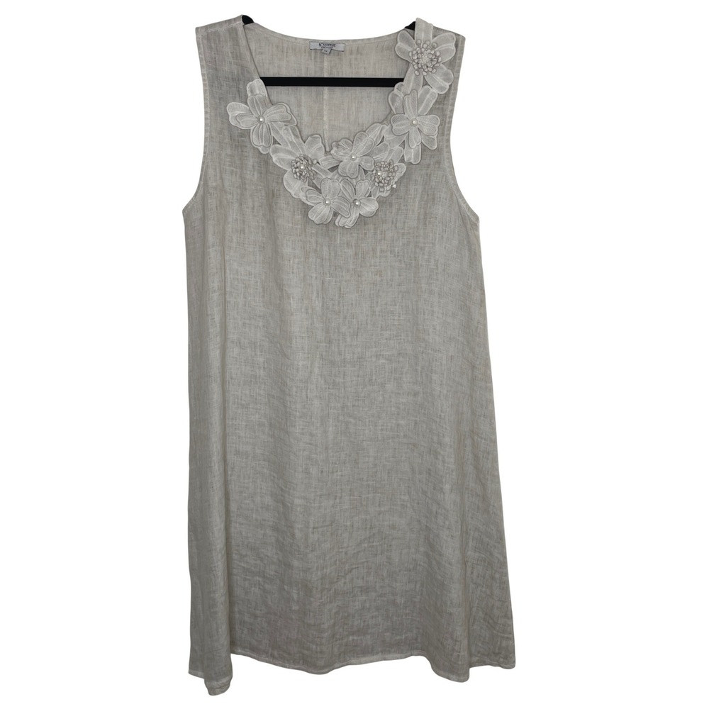 Rosemarine Linen Shift Dress Women M Beige‎ Floral Made in Italy Lagenlook